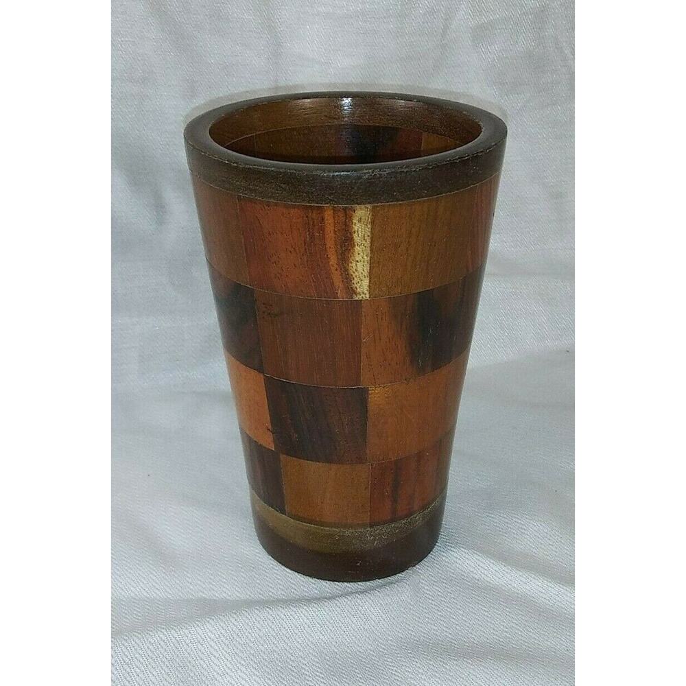 Handmade Wood Checkerboard Pattern Drinking Cup
